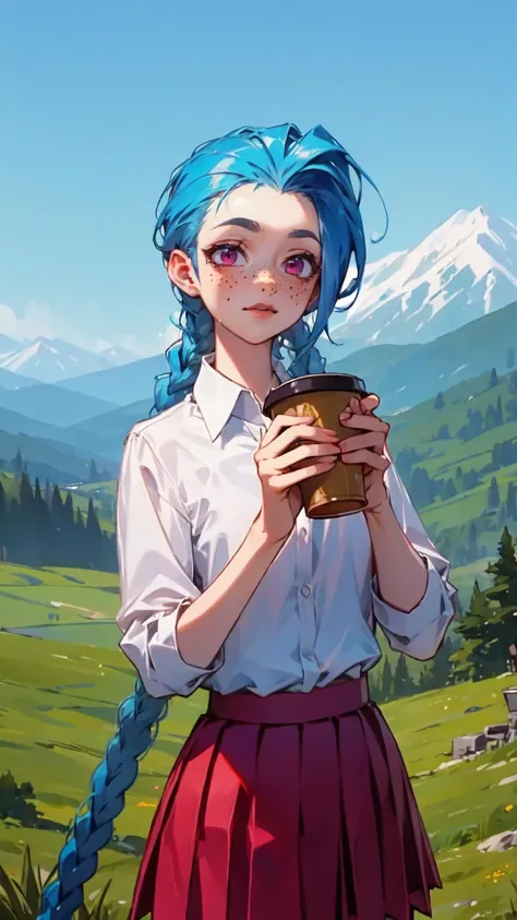 (high quality, masterpiece), mountains background, white shirt, pleated skirt, red skirt, collared shirt, holding cup, freckles, cup, jinx, 1girl, solo, <lora:jinx_v1:1>