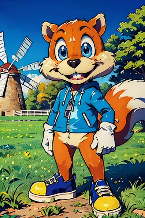conker, furry squirrel, blue eyes, buck teeth, tail,sneakers, white gloves, blue jacket, zipper, long sleeves, looking at viewer, serious, standing, field, river, windmill, outside, extreme detail, cartoon, <lora:conker:.6>