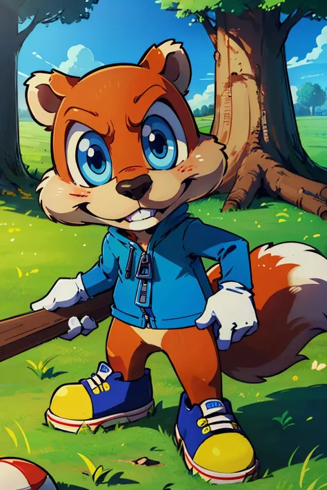 conker, furry squirrel, blue eyes, buck teeth, tail, white gloves, blue jacket, zipper, sneakers, long sleeves, looking at viewer, serious, 
outside, field, grass, trees, holding a wood baseball bat, extreme detail, masterpiece, <lora:conker:.6>