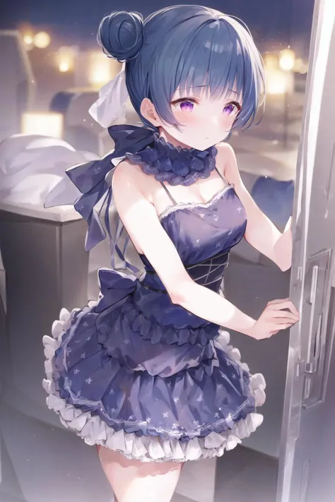 Yoshiko Tsushima //(Love Live)//, blue hair, hair bun on one side, purple eyes, blue dress, standing outside, <lora:yoshiko_v1:0.85>