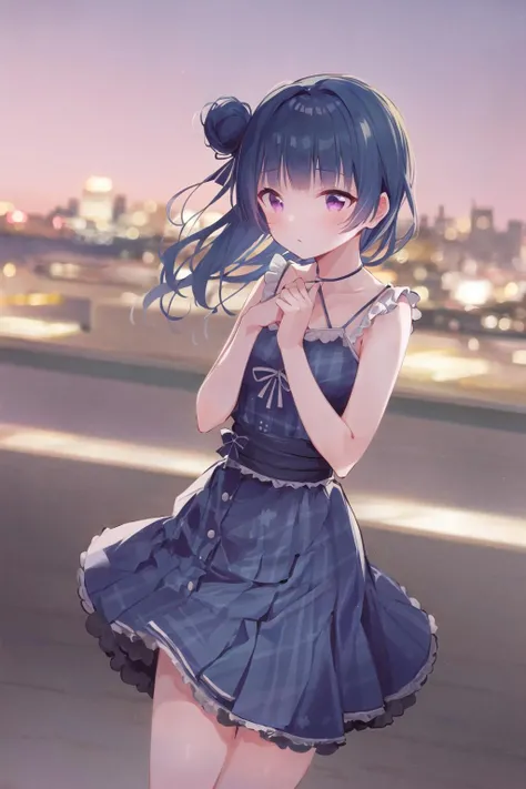 Yoshiko Tsushima //(Love Live)//, blue hair, hair bun on one side, purple eyes, blue dress, standing outside, city background, <lora:yoshiko_v1:0.65>