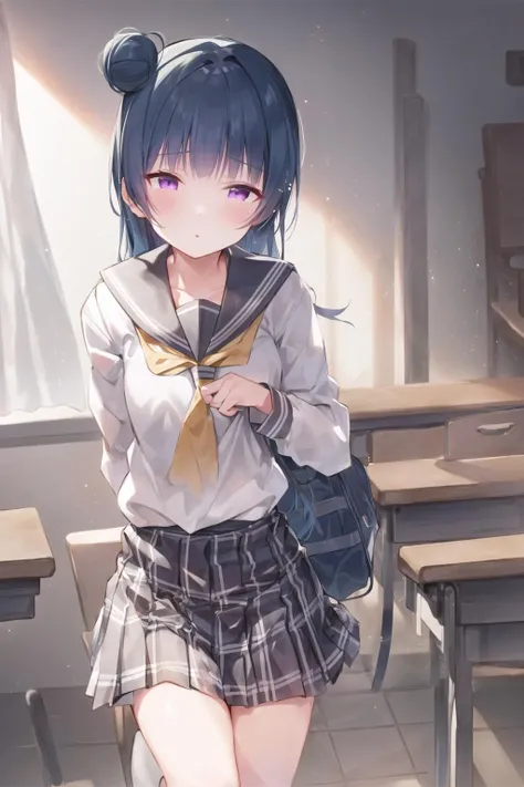 Yoshiko Tsushima //(Love Live)//, blue hair, hair bun on one side, purple eyes, <lora:yoshiko_v1:0.65>, school uniform