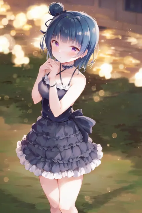 Yoshiko Tsushima //(Love Live)//, blue hair, hair bun on one side, purple eyes, blue dress, standing outside, <lora:yoshiko_v1:0.85>