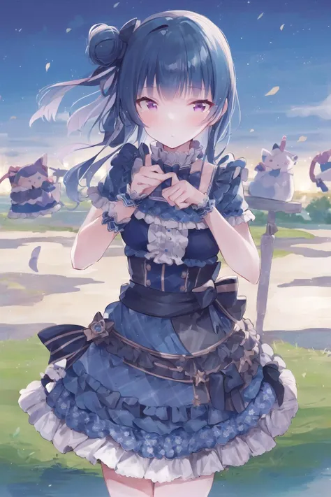 Yoshiko Tsushima //(Love Live)//, blue hair, hair bun on one side, purple eyes, blue dress, standing outside, <lora:yoshiko_v1:0.85>
