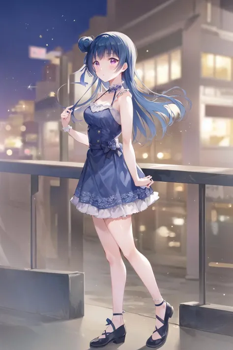 Yoshiko Tsushima //(Love Live)//, blue hair, hair bun on one side, purple eyes, blue dress, standing outside, city background, <lora:yoshiko_v1:0.65>