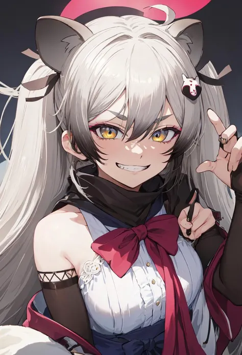 best quality, masterpiece, highres, solo, (michiru_bluearchive:1.10), evil grin, evil smile, grin, portrait, looking at viewer, 33 <lora:michiru_bluearchive:0.80>