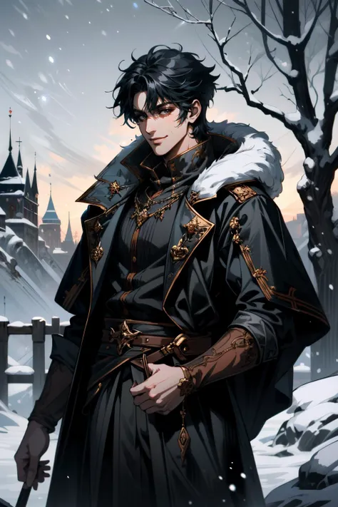 ((ultra detailed, masterpiece, absurdres))
 <lora:BGGortash:0.8>
BGGortash, 1boy, short hair, black hair, in a winter wonderland, cowboy shot, winter clothing, smile