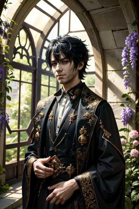 ((ultra detailed, masterpiece, absurdres))
 <lora:BGGortash:0.8>
BGGortash, 1boy, short hair, black hair, Secret Garden with Wisteria-Covered Arch