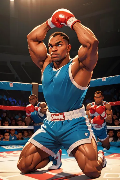 (best quality, masterpiece, ultra detailed:1.2), SFBalrog, ((blue sleeveless t-shirt, blue shorts:1.2)),detailed eyes, kneeling, flexing , arms up, celebrating, best quality, masterpiece, highres, perfect picture, highly detailed, high contrast , digital colors, bright colors, perfect face, looking to viewer <lora:SFBalrogv2-stasis-000003:1> hdr, Balrog, muscular, boxing gloves, boots, boxing ring, crowded ambiance, bright lighting, colorful, <lora:SFBalrogv2-stasis:0.8>