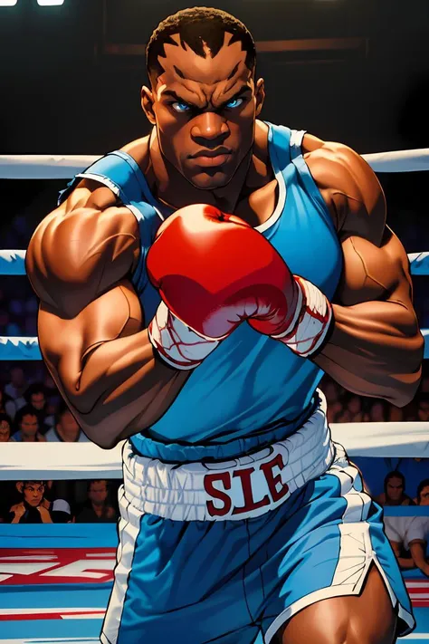 (best quality, masterpiece, ultra detailed:1.2),SFBalrog,boxing gloves,blue sleeveless t-shirt,blue shorts,fighting pose,boxing arena,detailed eyes,best quality,masterpiece,highres,perfect picture,highly detailed,high contrast,digital colors,bright colors,perfect face,looking to viewe,<lora:SFBalrogv2-stasis:0.8>,