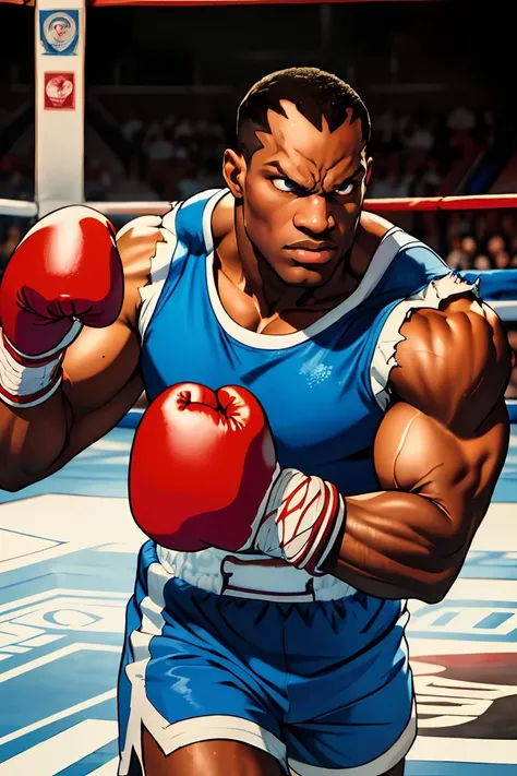 (best quality, masterpiece, ultra detailed:1.2),SFBalrog,boxing gloves,blue sleeveless t-shirt,blue shorts,fighting pose,boxing arena,detailed eyes,best quality,masterpiece,highres,perfect picture,highly detailed,high contrast,digital colors,bright colors,perfect face,looking to viewe,<lora:SFBalrogv2-stasis:0.8>,