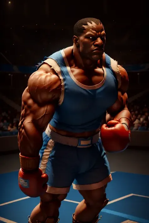 (best quality, masterpiece, ultra detailed:1), SFBalrog, opened eyes, muscular, boxing gloves, serious, closed mouth, sweaty, fighting pose, solo (blue sleeveless t-shirt:1.2), (blue shorts:1.2), boots, <lora:SFBalrog-000003:1> sports arena, ripped shirt