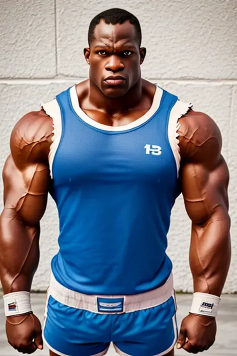 (best quality, masterpiece, ultra detailed:1), SFBalrog, opened eyes, muscular, boxing gloves, serious, closed mouth, sweaty, fighting pose, solo (blue sleeveless t-shirt:1.2), (blue shorts:1.2), boots, <lora:SFBalrog-000003:1> sports arena, ripped shirt