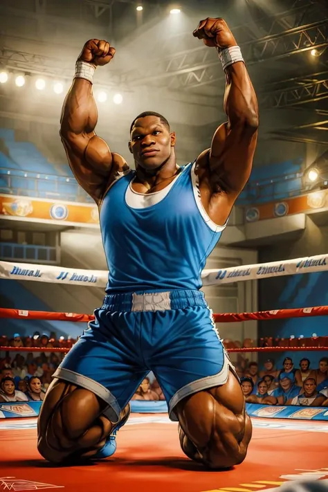 (best quality, masterpiece, ultra detailed:1.2), SFBalrog, ((blue sleeveless t-shirt, blue shorts:1.2)),detailed eyes, kneeling, flexing , arms up, celebrating, best quality, masterpiece, highres, perfect picture, highly detailed, high contrast , digital colors, bright colors, perfect face, looking to viewer <lora:SFBalrogv2-stasis-000003:1> hdr, Balrog, muscular, boxing gloves, boots, boxing ring, crowded ambiance, bright lighting, colorful,