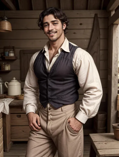 1boy, big brown eyes, handsome warm smile, open linen blouse, rolled up trousers, early 1900s, the Bahamas, explorer adventurer, rustic village, <lora:Jaimie_OC:0.5> jaimie, black_hair, facial_hair