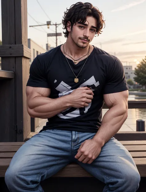 1boy, sitting on a bench, casual clothes, baggy jeans, (graphic tshirt:1.2), simple necklace, sunset background, soft smile, a cute sweet man, big brown eyes, <lora:Jaimie_OC:0.5> jaimie, black_hair, facial_hair