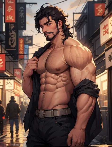 1man, masterpiece, best quality, dusk, cityscape, muscular male, aged down, hairy body, depth of field, messy, <lora:Jaimie_OC:0.5> jaimie, black_hair, facial_hair