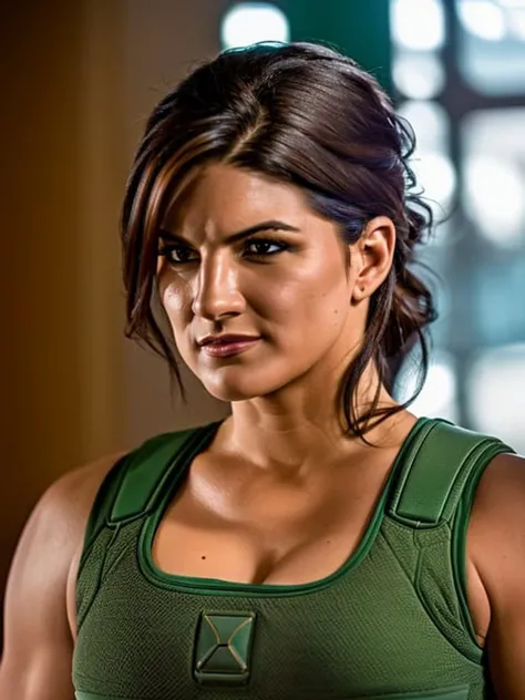 ((realism)), extremely high quality RAW photograph, detailed background, intricate, Exquisite details and textures, highly detailed, Photo of (Gina Carano), sultry, Looking behind the camera, ultra detailed photograph, warm lighting, artstation, 4k, sharp focus, high resolution, detailed skin, detailed eyes, 8k uhd, dslr, low harsh lighting, high quality, film grain, Fujifilm XT3,
