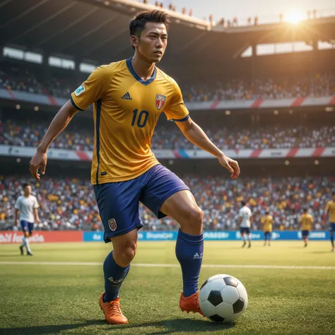 A thailandese soccer man, (amber eyes:1.25), wearing soccer clothes, colorful, playing soccer, (depth of field:1.25), 8k resolution, photorealistic, masterpiece, intricately detailed, natural lighting, volumetric lighting, concept art, elegant, artstation, sun blicks