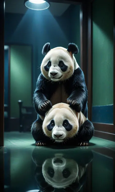 (cinematic shoot) (close shoot) panda, rim lights, dark shadows, cinematic scene , movie shoot , dark, extremely detailed, glass reflection,
dark shadows, hard light hard shadows, shallow depth of field, vignette, highly detailed, cinemascope, moody,
detailed background , (dark blue Green) , detailed