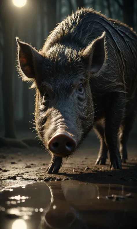 (cinematic shoot) (close shoot)  wild boar, rim lights, dark shadows, cinematic scene , movie shoot  , dark, extremely detailed, glass reflection, 
dark shadows, hard light hard shadows, shallow depth of field, vignette, highly detailed, cinemascope, moody, 
detailed background ,  (dark khaki) , detailed