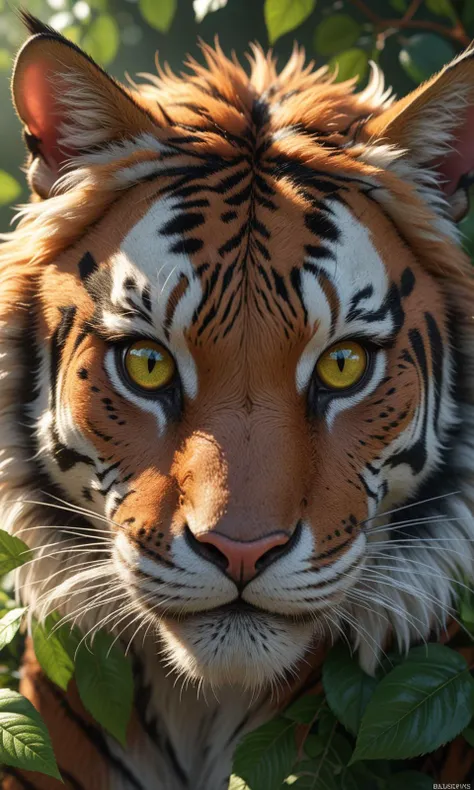 beautiful fluffy creature, eyelashes, vivid brown and black,  (depth of field:1.4), 
8k resolution, photorealistic, masterpiece, intricately detailed, natural lighting, volumetric lighting, concept art, elegant, artstation, 
sun rays, sun blicks, (vivid rose eyes), green leaves,
tiger