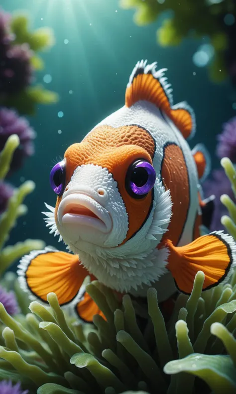 beautiful fluffy creature, eyelashes, vivid purple and black, (depth of field:1.4),
8k resolution, photorealistic, masterpiece, intricately detailed, natural lighting, volumetric lighting, concept art, elegant, artstation,
sun rays, sun blicks, (vivid aquamarine eyes), green leaves,
clownfish