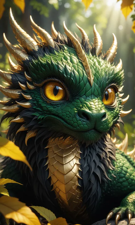 beautiful fluffy creature, eyelashes, vivid gold and black,  (depth of field:1.4), 
8k resolution, photorealistic, masterpiece, intricately detailed, natural lighting, volumetric lighting, concept art, elegant, artstation, 
sun rays, sun blicks, (vivid gold eyes), green leaves,
dragon