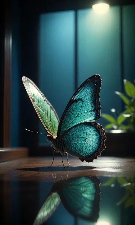 (cinematic shoot) (close shoot) butterfly, rim lights, dark shadows, cinematic scene , movie shoot , dark, extremely detailed, glass reflection,
dark shadows, hard light hard shadows, shallow depth of field, vignette, highly detailed, cinemascope, moody,
detailed background , (dark blue Green) , detailed