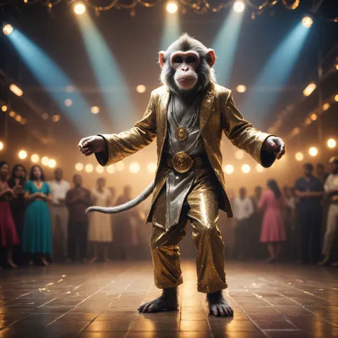 An environment with lights like a disco and dance floor, dramatic lighting (full body photograph:1.2) (cleric outfit:1.3) monkey detailed background bokeh