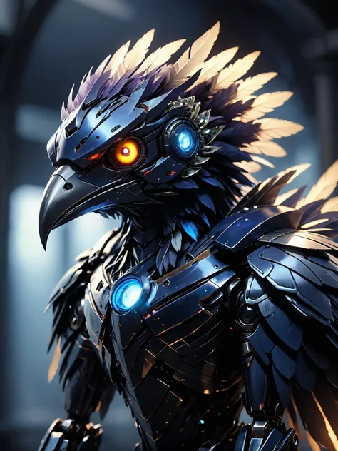 A fantasy bird, mecha bio android creature, abyssaltech creature, (glowing navy eyes:1.2), fur and feather, metal reflection, colorful, deep purple and indigo color, (depth of field:1.15), 8k resolution, photorealistic, masterpiece, intricately detailed, natural lighting, concept art, elegant, artstation, sun ray, dark energy, ethereal, see-through, abyss, dissolving
