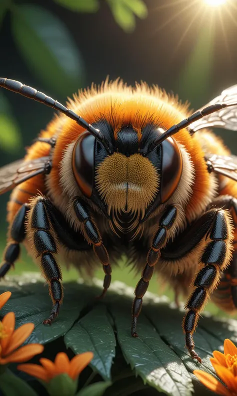 beautiful fluffy creature, eyelashes, vivid orange and black, (depth of field:1.4),
8k resolution, photorealistic, masterpiece, intricately detailed, natural lighting, volumetric lighting, concept art, elegant, artstation,
sun rays, sun blicks, (vivid Slate eyes), green leaves,
bee