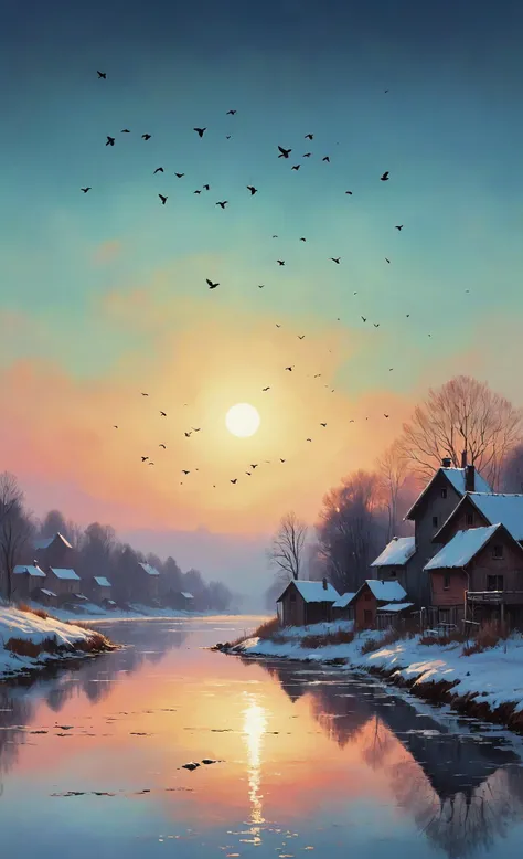 art by Alena Aenami, watercolor painting, blurry gradient background, few birds flying, village, sun in the sky, iridescence
