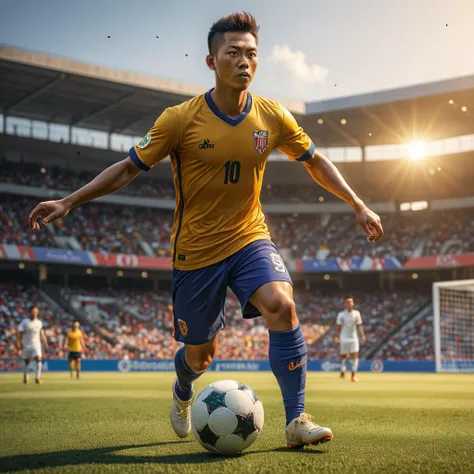 A thailandese soccer man, (amber eyes:1.25), wearing soccer clothes, colorful, playing soccer, (depth of field:1.25), 8k resolution, photorealistic, masterpiece, intricately detailed, natural lighting, volumetric lighting, concept art, elegant, artstation, sun blicks