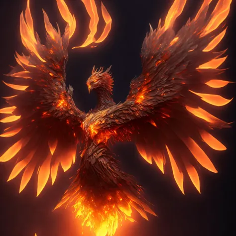 full body show, A fantasy phoenix wings open, (glowing almond eyes:1.25), colorful, deep orange color, (depth of field:1.25), 8k resolution, photorealistic, masterpiece, intricately detailed, natural lighting, volumetric lighting, concept art, elegant, artstation, sun blicks, 