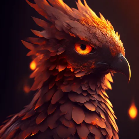 A fantasy phoenix, (glowing almond eyes:1.25), scales, colorful, deep orange color, (depth of field:1.25), 8k resolution, photorealistic, masterpiece, intricately detailed, natural lighting, volumetric lighting, concept art, elegant, artstation, sun blicks