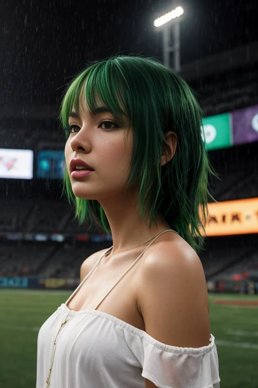 best quality,highres,extremely detailed CG,
1girl,green streaked hair,black hair,rainy stadium background,quite glamorous,bare shoulders,
