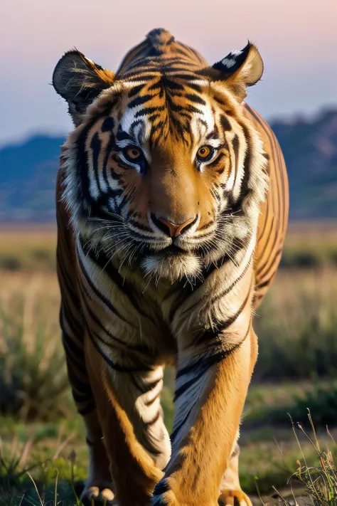 a brown-eyed tiger lurks on dry grass at dusk