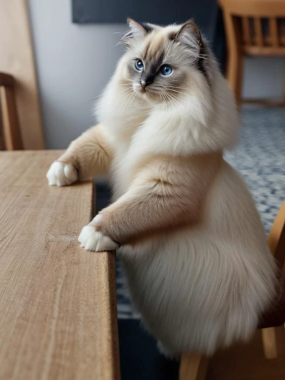 Birman cat, on back paws, reaching for food, photorealistic