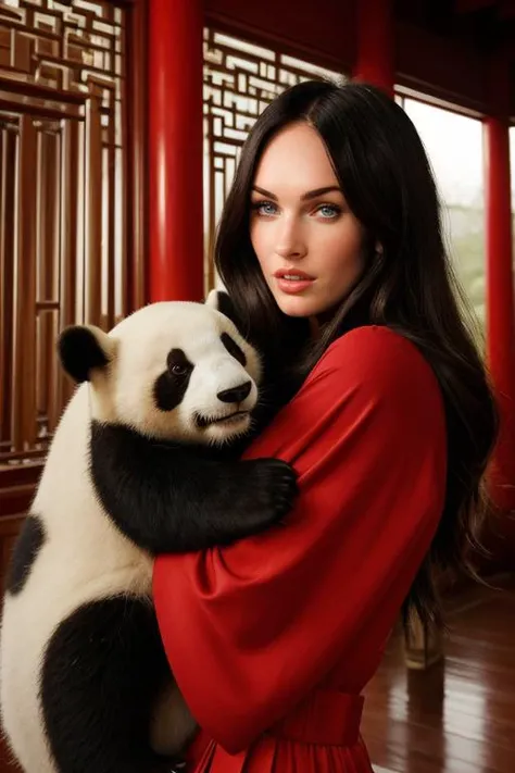 <lora:dare_hugging_wildlife:1.115> professional photograph of a woman (hugging a small panda), she's Megan Fox, the panda is snuggly.  <lora:MeganFoxDoguV3:0.7> megf. They're in a beautiful chinese house. Megan is wearing a chinese attire.