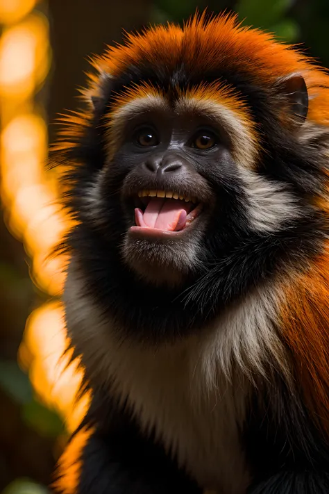 RAW, Macro, Concept art, huge, cute Tamarin monkey, naughty, playful, smile, portrait,open mouth, long orange fur, funny, jungle paradise, depth of field, The lighting should be warm and inviting, casting a gentle glow and highlighting the rich colors of its flesh. The background should feature a blurred, out-of-focus to emphasize as the main focus of the image. Use a high-resolution camera with a fast shutter speed to capture every detail and its surroundings.