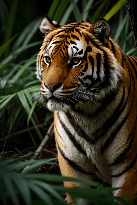 RAW, Macro, Concept art, huge, tiger,portrait, jungle paradise, depth of field, The lighting should be warm and inviting, casting a gentle glow and highlighting the rich colors of its flesh. The background should feature a blurred, out-of-focus to emphasize as the main focus of the image. Use a high-resolution camera with a fast shutter speed to capture every detail and its surroundings.