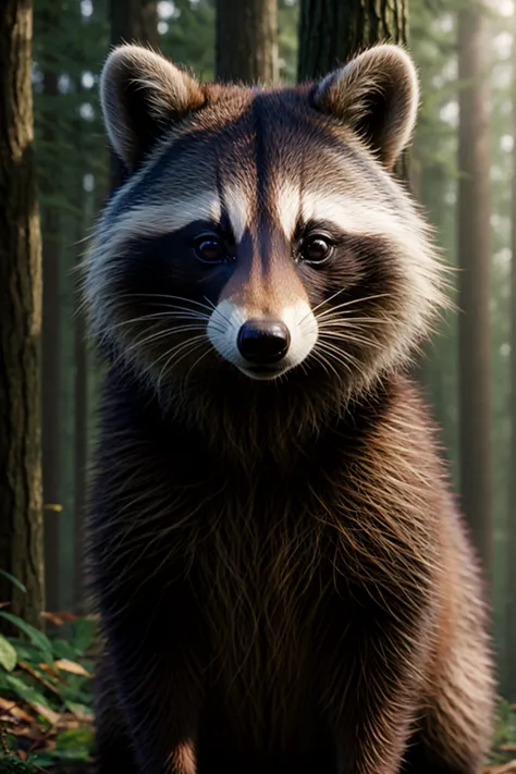 award winning wildlife ,masterpiece,best quality,raccoon,in the forest, realistic (medium long shot:1.4), 35mm film still, ultra photorealistic, photorealism,taken with hasselblad H6D 100c, the HCD 24mm lens, hazy mood, cinematic dramatic lighting, cold muted colors, (DOF:1.4), sharp focus, (perfect real extremely details), amazing fine detail, absurdres, hyper realistic lifelike texture, dramatic lighting
