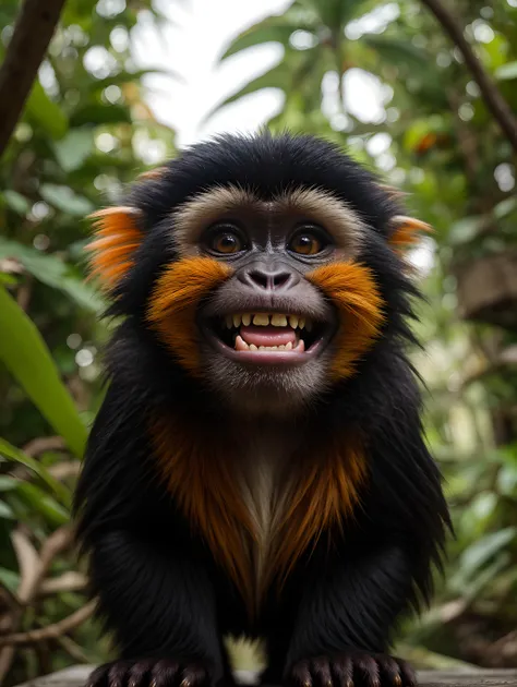 RAW, Macro, Concept art, huge, cute Tamarin monkey (very big 2 front human teeth),funny, failed photo, naughty,meme face, playful, smile, smiling ,open mouth, pointing at the viewer, portrait,open mouth, long orange fur, funny, jungle paradise, depth of field, The lighting should be warm and inviting, casting a gentle glow and highlighting the rich colors of its flesh. The background should feature a blurred, out-of-focus to emphasize as the main focus of the image. Use a high-resolution camera with a fast shutter speed to capture every detail and its surroundings.