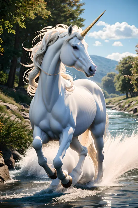 award winning wildlife (medium long shot:1.4), 35mm film movie still, ultra photorealistic, photorealism,majestic(white unicorn horse) ,running, at the water stream  side,water splash, taken with hasselblad H6D 100c, the HCD 24mm lens, hazy mood, cinematic dramatic lighting, cold muted colors, (DOF:1.4), sharp focus, (perfect real extremely details), amazing fine detail, absurdres, hyper realistic lifelike texture, dramatic lighting