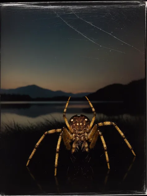 by Thomas Lawrence, Hendrik Hondius, photograph,close up of a Spider, lake in background, at Nighttime, Illustration, Renaissance, still, Phase One XF IQ4 150MP, Depth of field 100mm