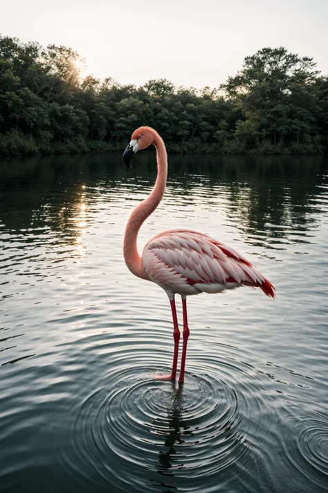 award winning wildlife (medium long shot:1.4), 35mm film still, ultra photorealistic, photorealism, elegant flamingo standing in a tranquil pool of water, by Lysander Grey, taken with hasselblad H6D 100c, the HCD 24mm lens, hazy mood, cinematic dramatic lighting, cold muted colors, (DOF:1.4), sharp focus, (perfect real extremely details), amazing fine detail, absurdres, hyper realistic lifelike texture, dramatic lighting