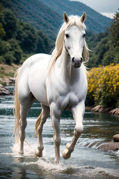 award winning wildlife (medium long shot:1.4), 35mm film still, ultra photorealistic, photorealism,(white horse) ,running, at the water stream side,water splash, taken with hasselblad H6D 100c, the HCD 24mm lens, hazy mood, cinematic dramatic lighting, cold muted colors, (DOF:1.4), sharp focus, (perfect real extremely details), amazing fine detail, absurdres, hyper realistic lifelike texture, dramatic lighting