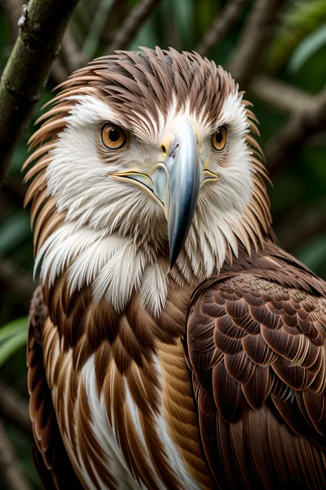 award winning wildlife portrait headshot ,philippine eagle ,detailed feathers,at the forest,facing viewer(medium long shot:1.4), 35mm film still, ultra photorealistic, photorealism,taken with hasselblad H6D 100c, the HCD 24mm lens, hazy mood, cinematic dramatic lighting, cold muted colors, (DOF:1.4), sharp focus, (perfect real extremely details), amazing fine detail, absurdres, hyper realistic lifelike texture, dramatic lighting <lora:more_wildcardX_details:1>