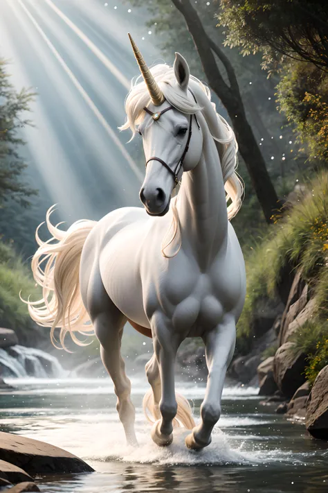 award winning wildlife (medium long shot:1.4), 35mm film movie still, ultra photorealistic, photorealism,majestic(a white unicorn horse) ,running, at the water stream side,water splash, taken with hasselblad H6D 100c, the HCD 24mm lens, hazy mood, cinematic dramatic lighting, cold muted colors, (DOF:1.4), sharp focus, (perfect real extremely details), amazing fine detail, absurdres, hyper realistic lifelike texture, dramatic lighting
